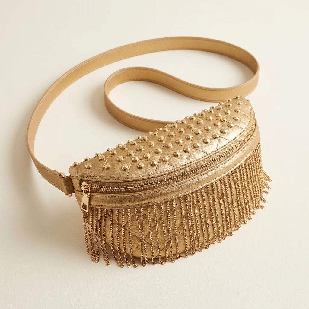 Gold leather fringe belt bag, three-quarter angle showing side depth