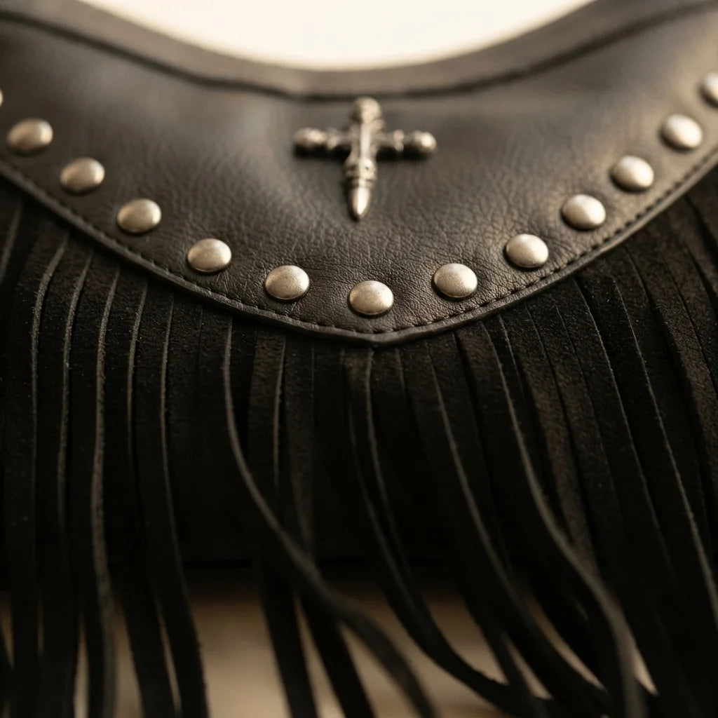 Close-up of fringe stitching and texture on Black leather fringe messenger bag