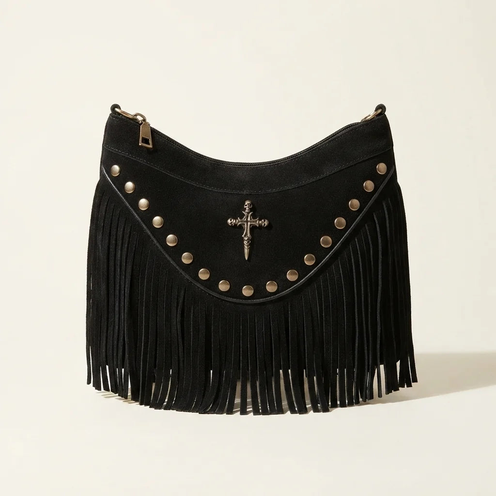 Black leather fringe messenger bag, front view