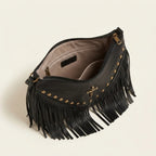 Interior lining and pockets of Black leather fringe messenger bag