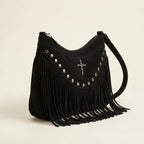 Black leather fringe messenger bag, three-quarter angle showing side depth