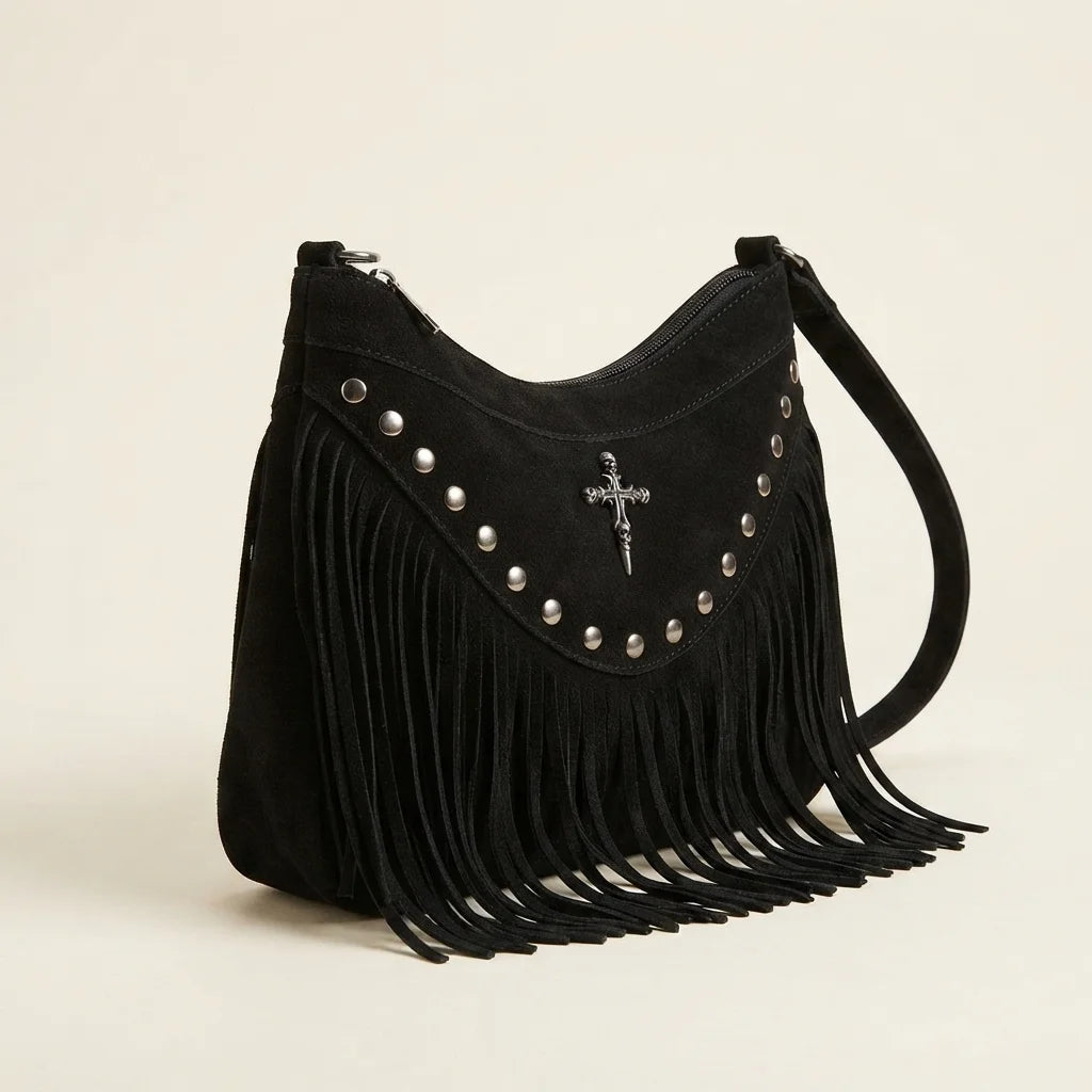 Black leather fringe messenger bag, three-quarter angle showing side depth