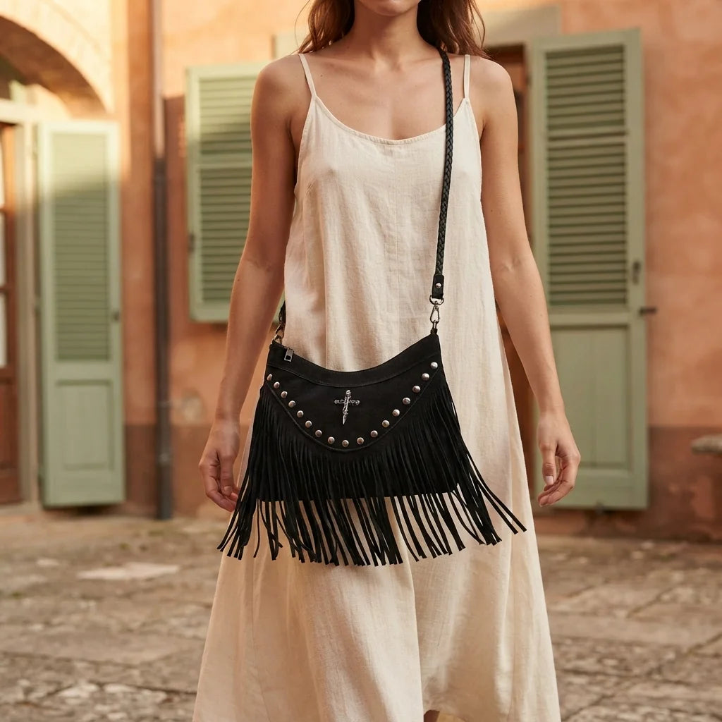 Woman wearing Black leather fringe messenger bag with swaying fringe