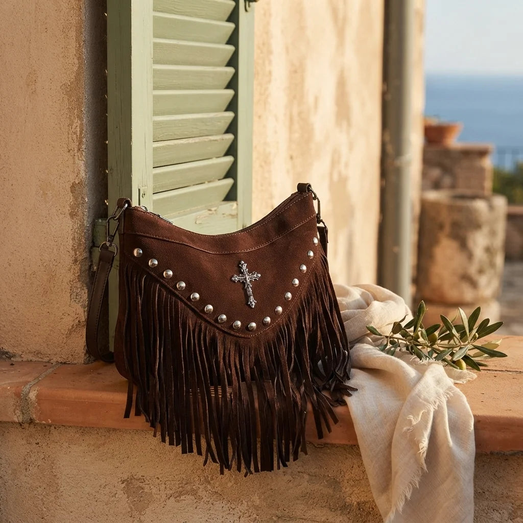 Brown leather fringe messenger bag styled in a warm Mediterranean setting