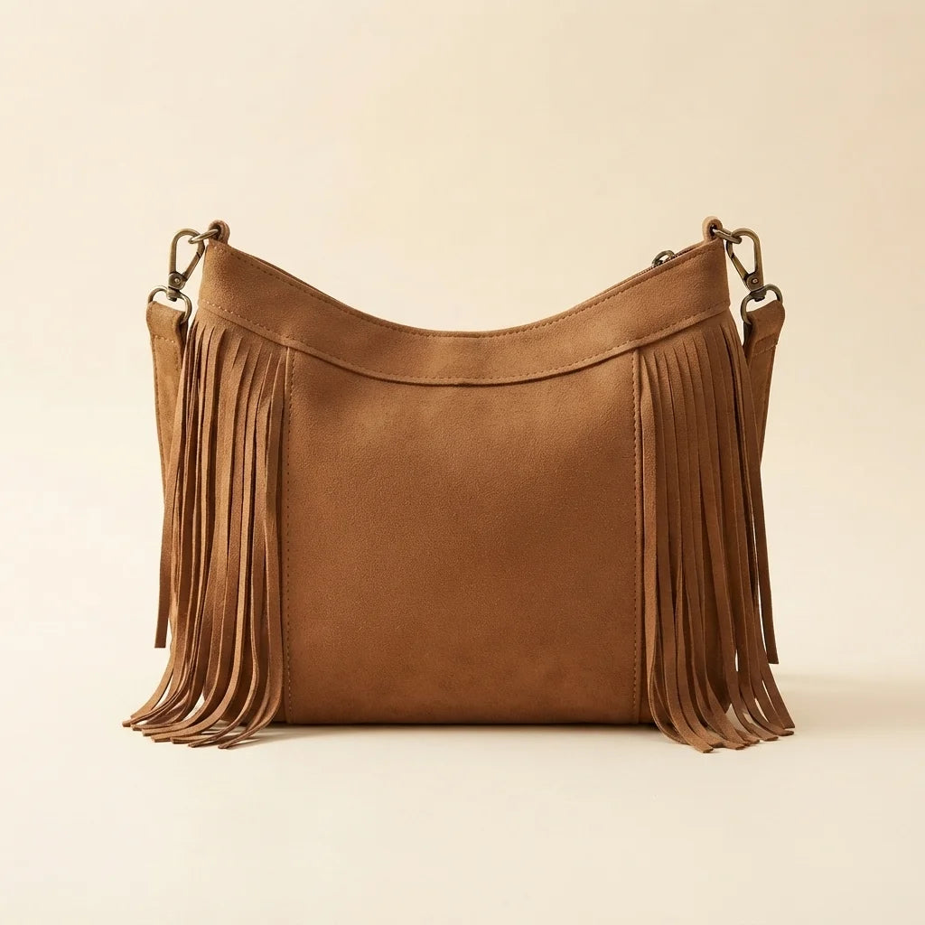 Back panel of Coffee leather fringe messenger bag with strap attachments