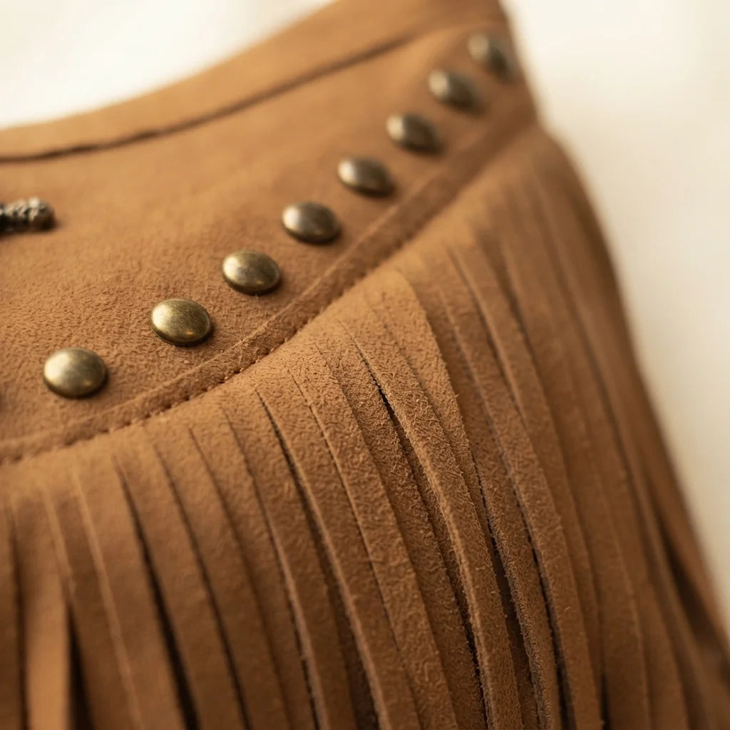 Close-up of fringe stitching and texture on Coffee leather fringe messenger bag