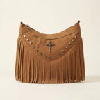 Coffee leather fringe messenger bag, front view