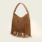 Coffee leather fringe messenger bag, three-quarter angle showing side depth