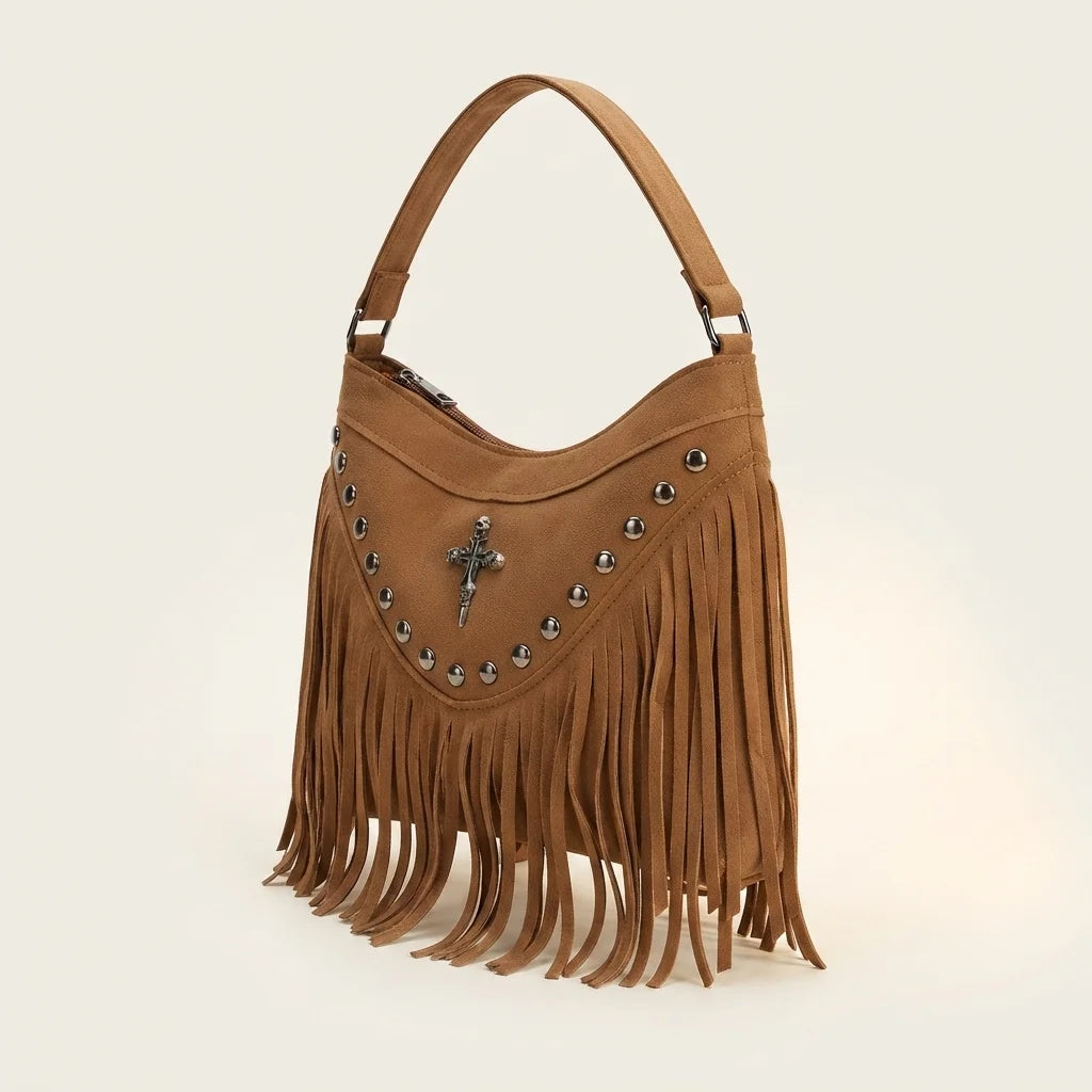 Coffee leather fringe messenger bag, three-quarter angle showing side depth
