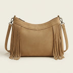 Back panel of Khaki leather fringe messenger bag with strap attachments
