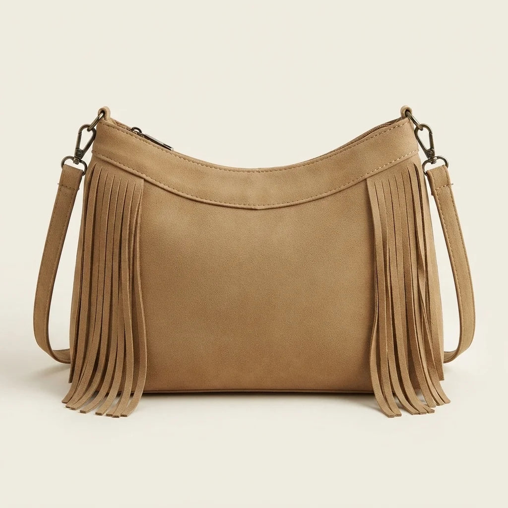 Back panel of Khaki leather fringe messenger bag with strap attachments