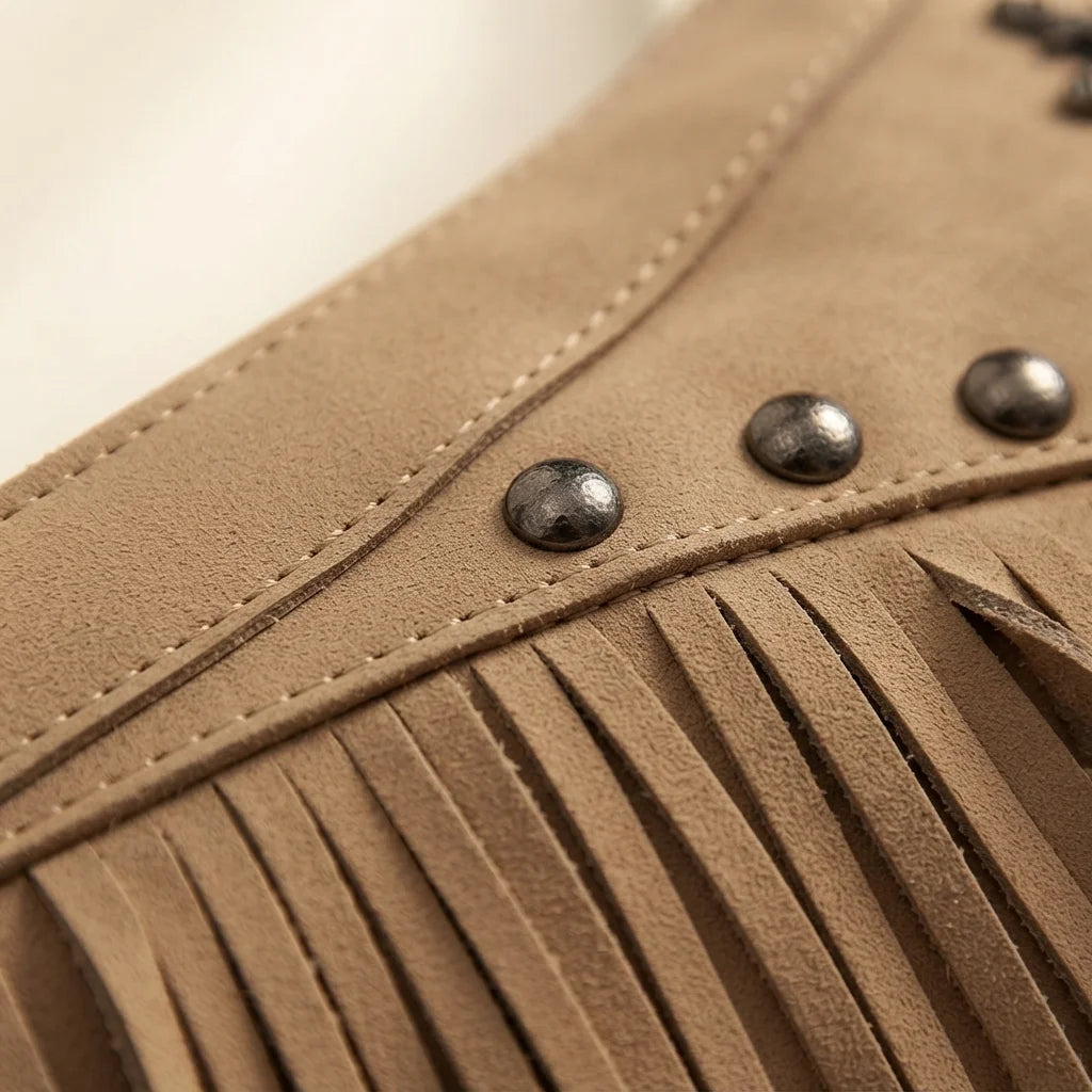 Close-up of fringe stitching and texture on Khaki leather fringe messenger bag
