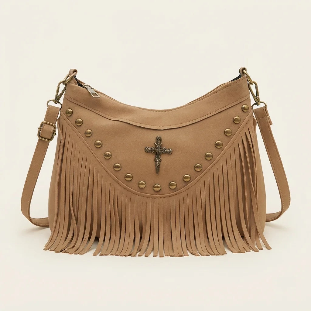 Khaki leather fringe messenger bag, front view