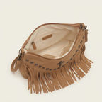 Interior lining and pockets of Khaki leather fringe messenger bag