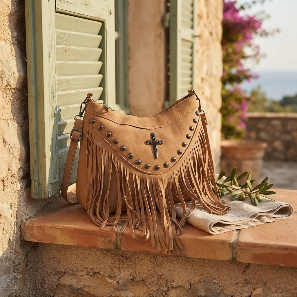 Khaki leather fringe messenger bag styled in a warm Mediterranean setting