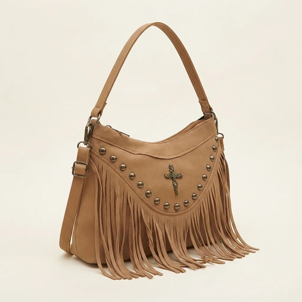 Khaki leather fringe messenger bag, three-quarter angle showing side depth