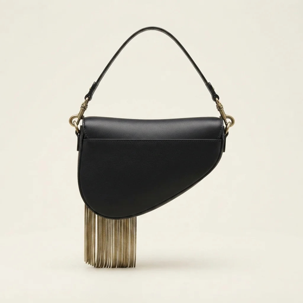 Back panel of Black leather saddle bag fringe with strap attachments
