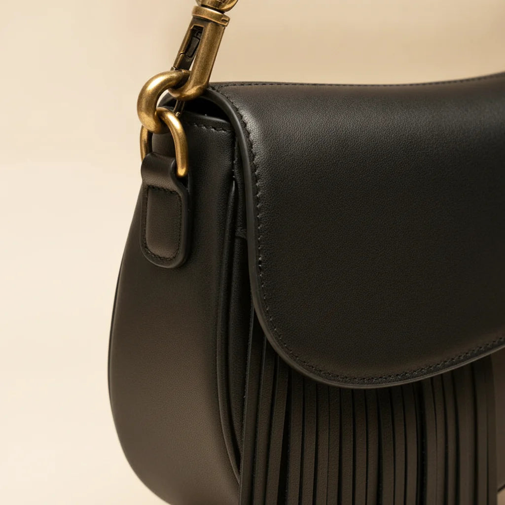 Close-up of fringe stitching and texture on Black leather saddle bag fringe