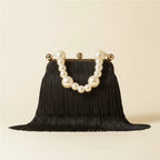 Black long fringe clutch bag, front view