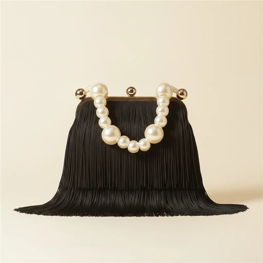 Black long fringe clutch bag, front view