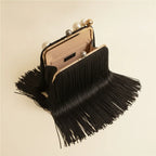 Interior lining and pockets of Black long fringe clutch bag
