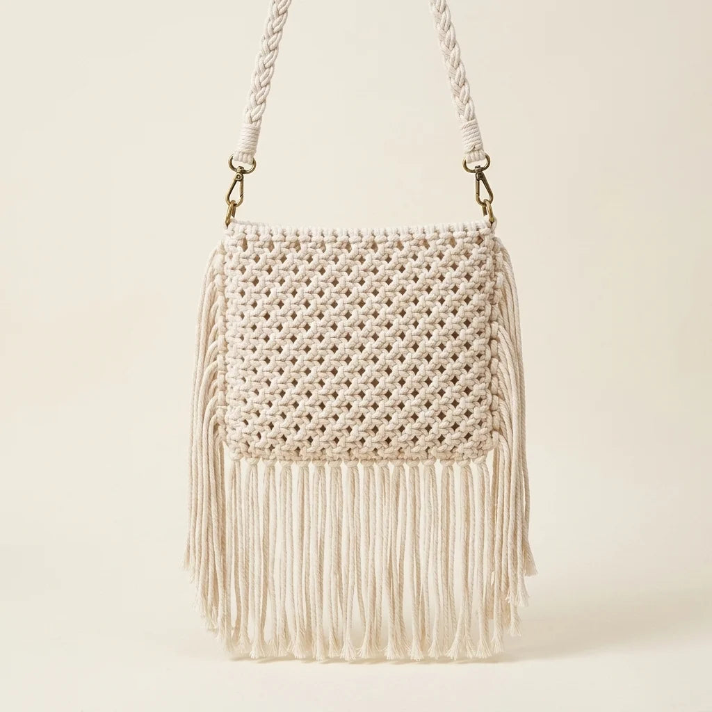 Back panel of Beige macrame fringe bag with strap attachments