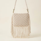 Back panel of Beige macrame fringe bag with strap attachments