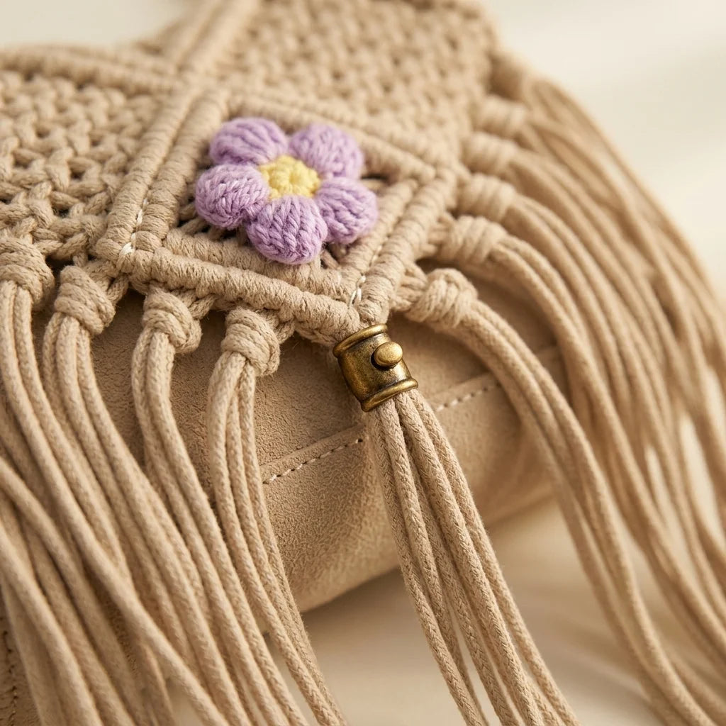 Close-up of fringe stitching and texture on Beige macrame fringe bag