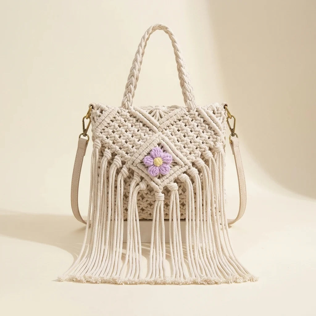 Beige macrame fringe bag, front view