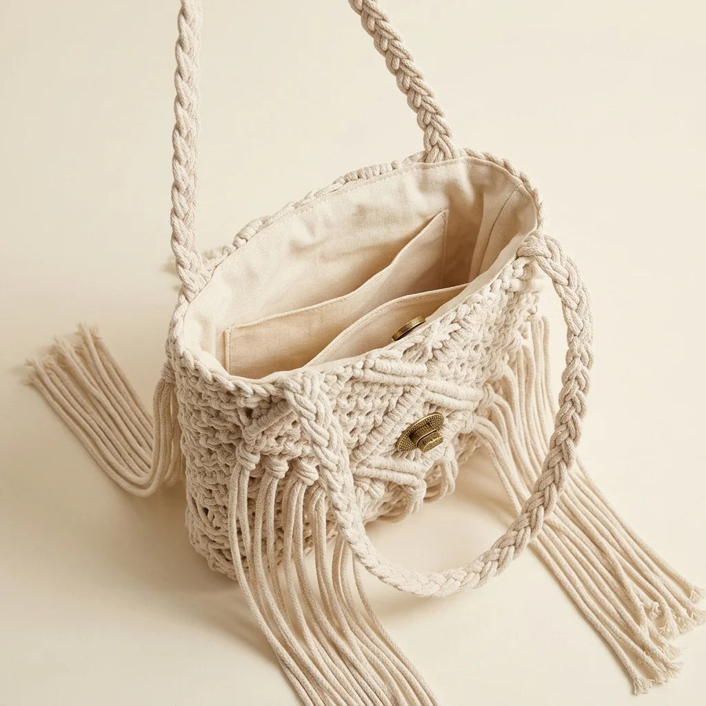 Interior lining and pockets of Beige macrame fringe bag