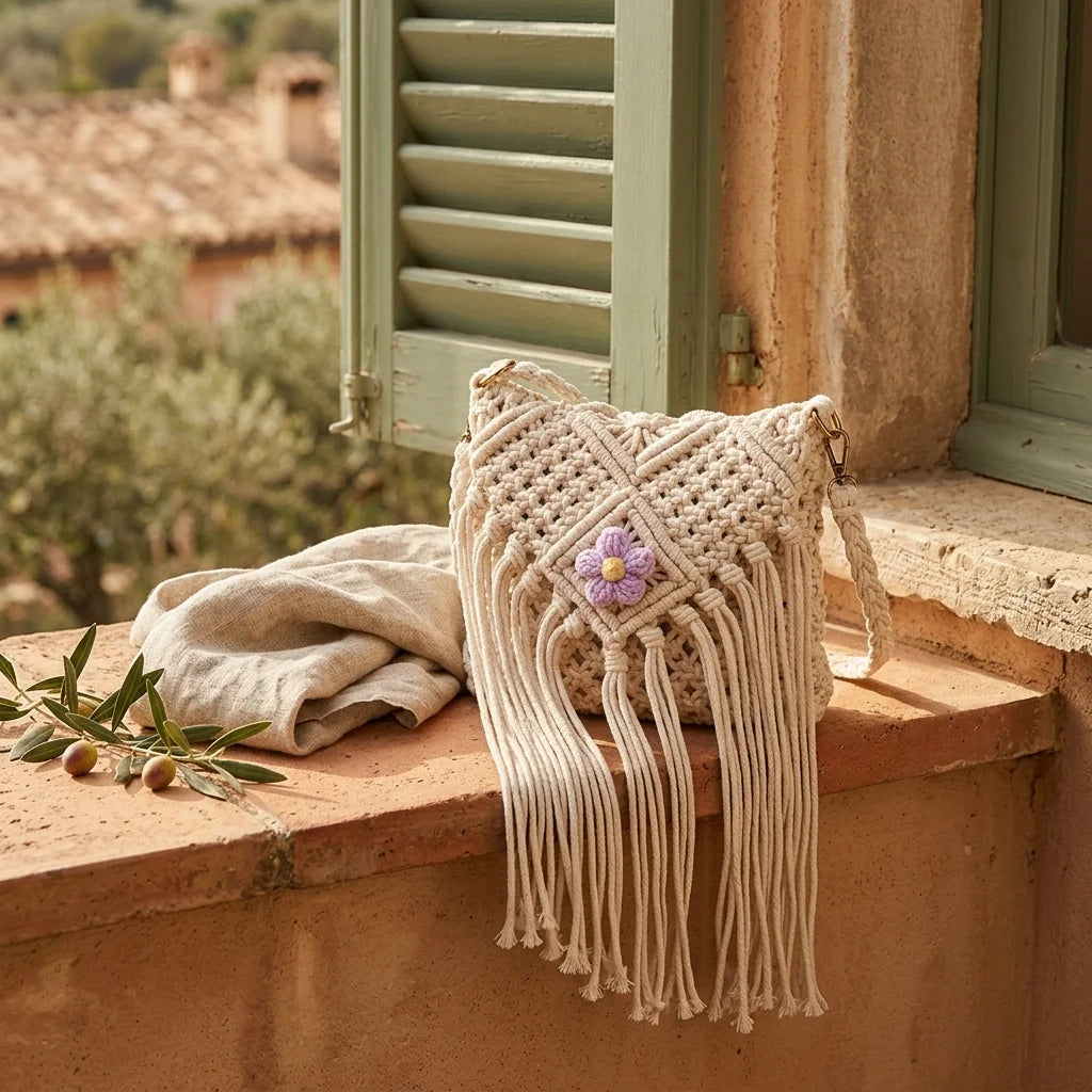 Beige macrame fringe bag styled in a warm Mediterranean setting