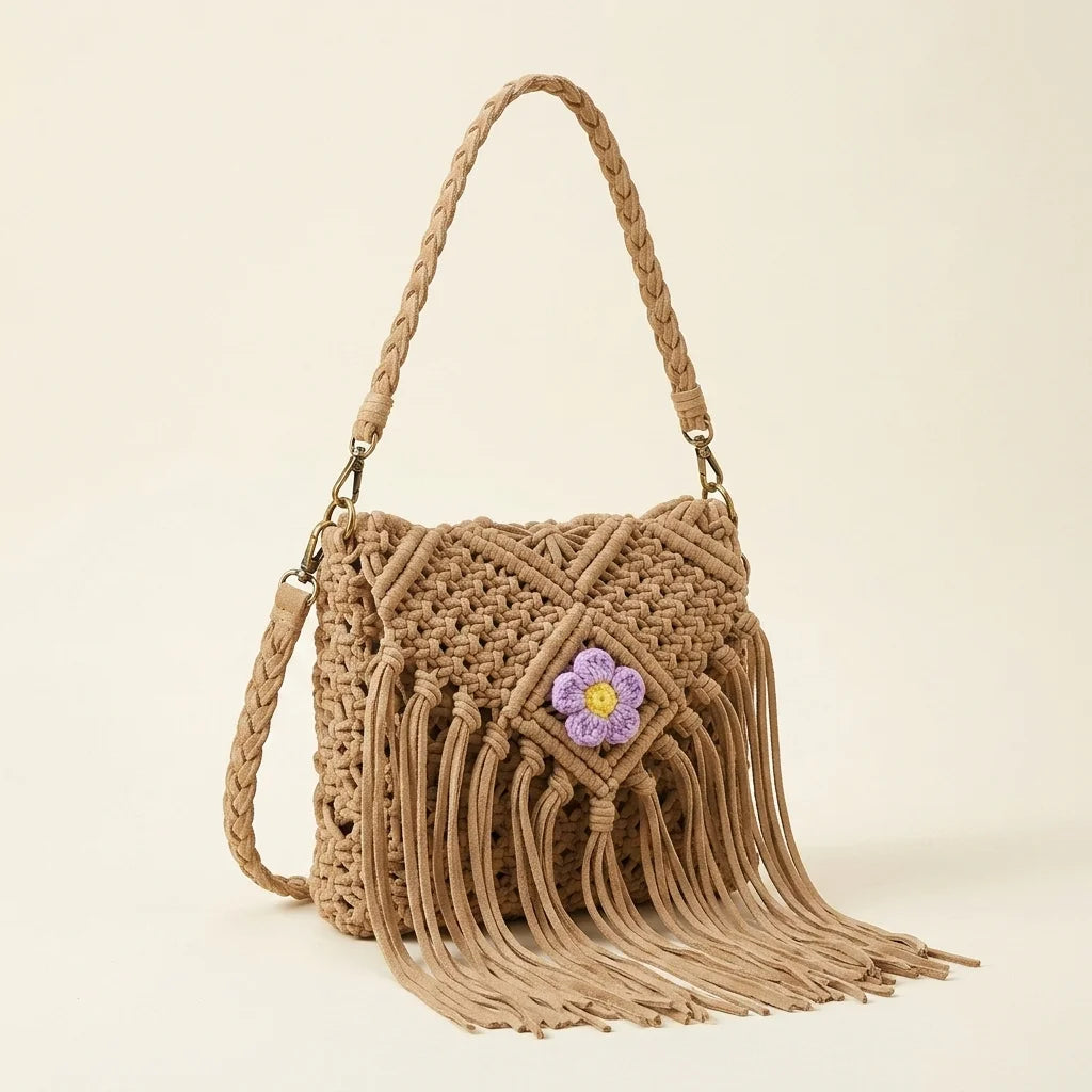 Beige macrame fringe bag, three-quarter angle showing side depth