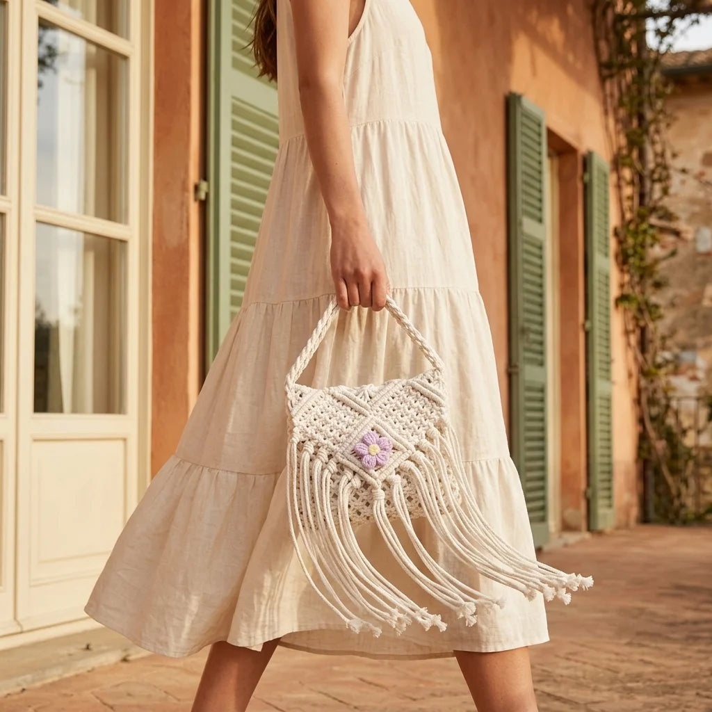 Woman wearing Beige macrame fringe bag with swaying fringe