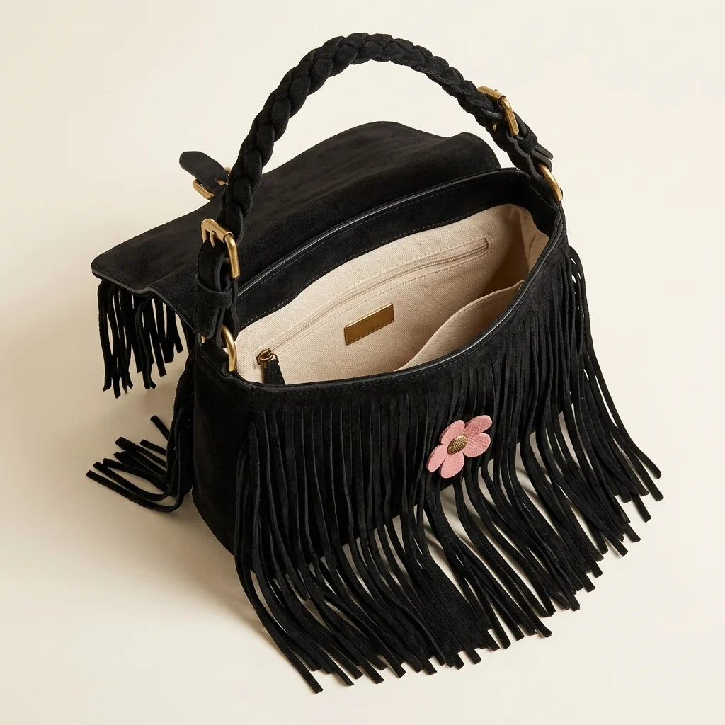 Interior lining and pockets of Black macrame fringe bag