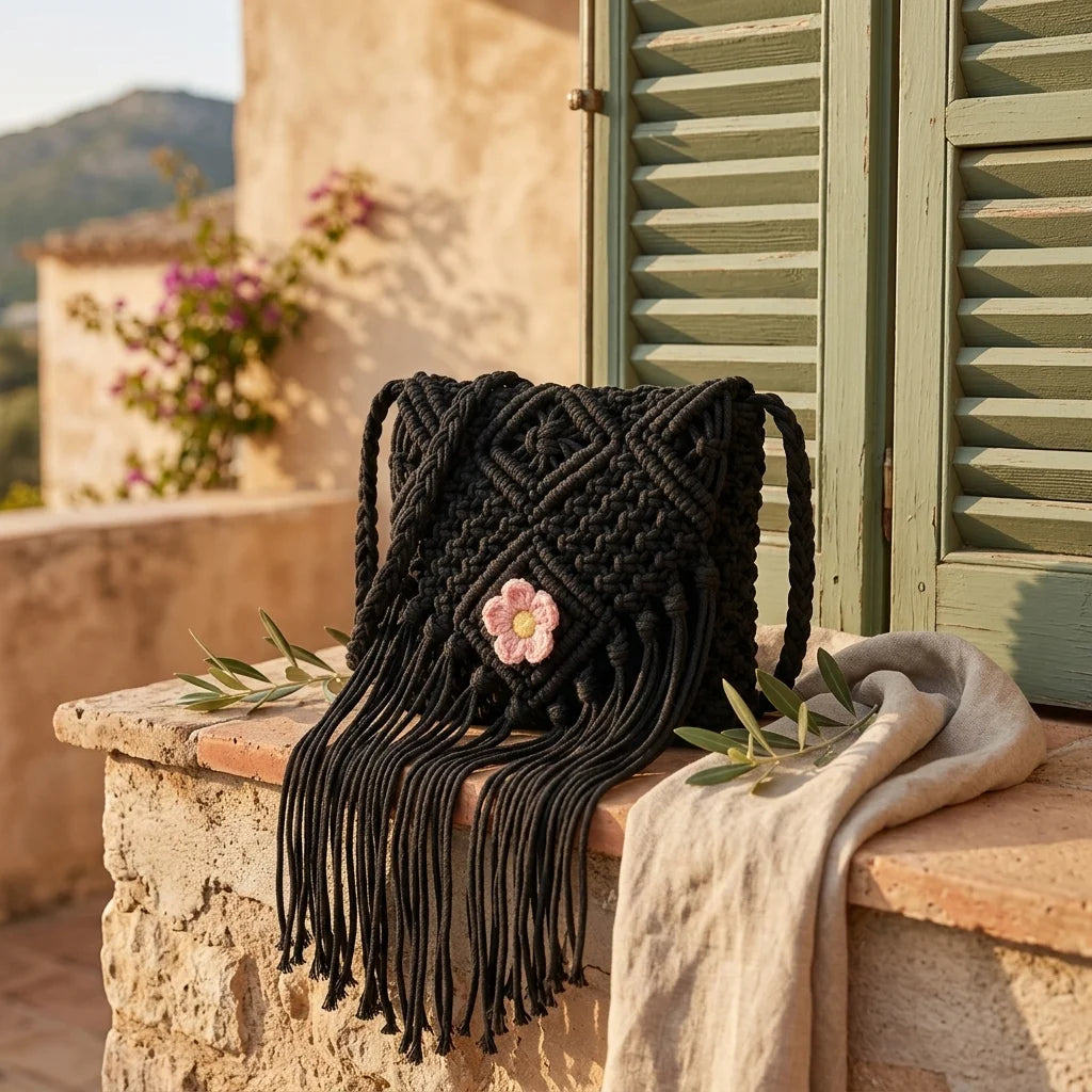 Black macrame fringe bag styled in a warm Mediterranean setting