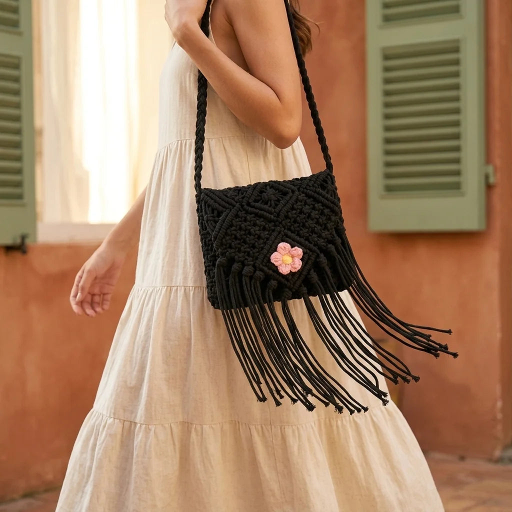 Woman wearing Black macrame fringe bag with swaying fringe