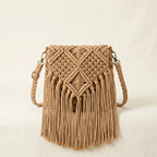 Back panel of Khaki macrame fringe bag with strap attachments