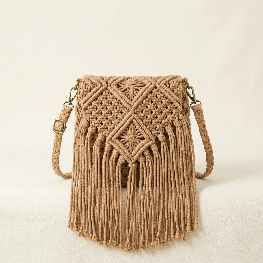 Back panel of Khaki macrame fringe bag with strap attachments