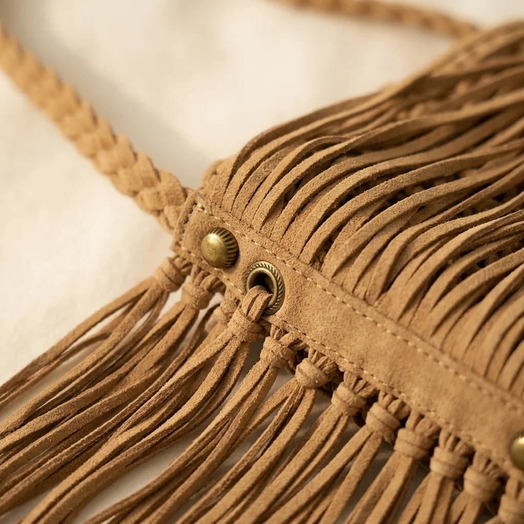 Close-up of fringe stitching and texture on Khaki macrame fringe bag