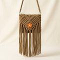 Khaki macrame fringe bag, front view