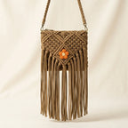 Khaki macrame fringe bag, front view