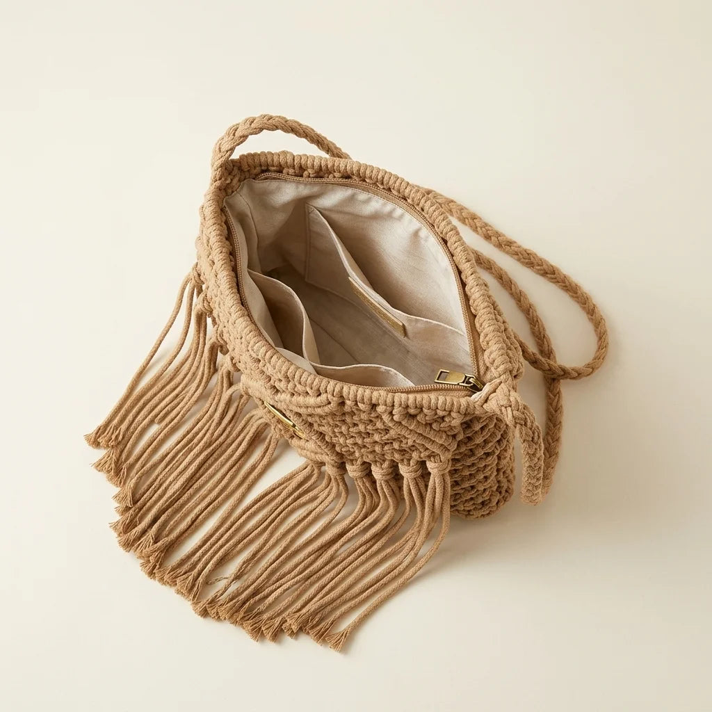 Interior lining and pockets of Khaki macrame fringe bag