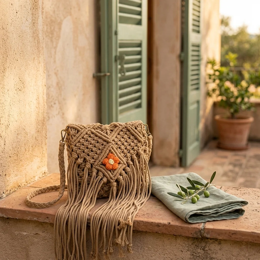 Khaki macrame fringe bag styled in a warm Mediterranean setting