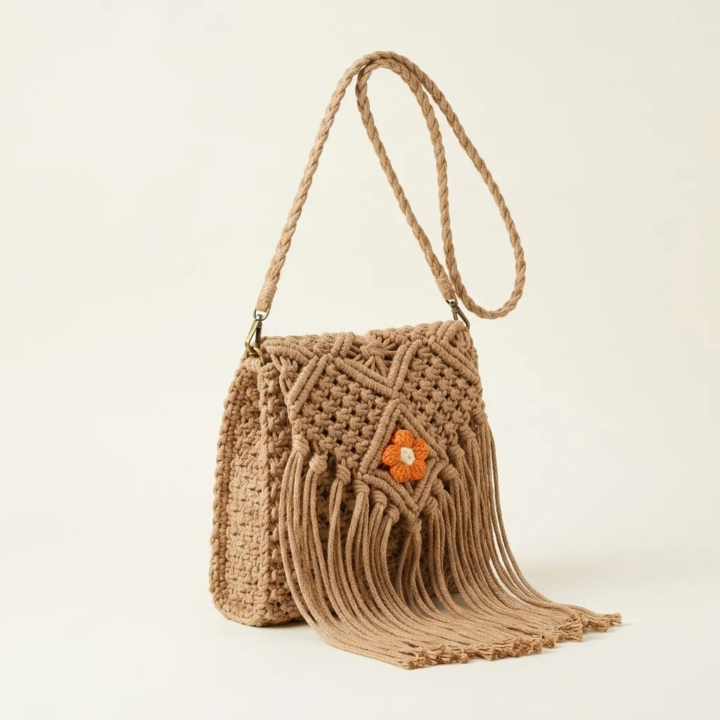 Khaki macrame fringe bag, three-quarter angle showing side depth