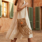 Woman wearing Khaki macrame fringe bag with swaying fringe