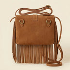 Back panel of Brown mini fringe crossbody bag with strap attachments