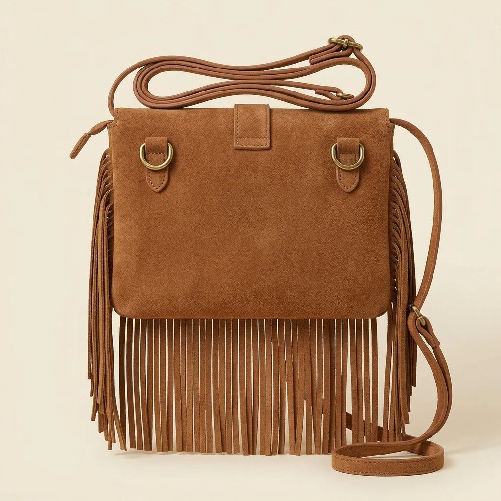 Back panel of Brown mini fringe crossbody bag with strap attachments