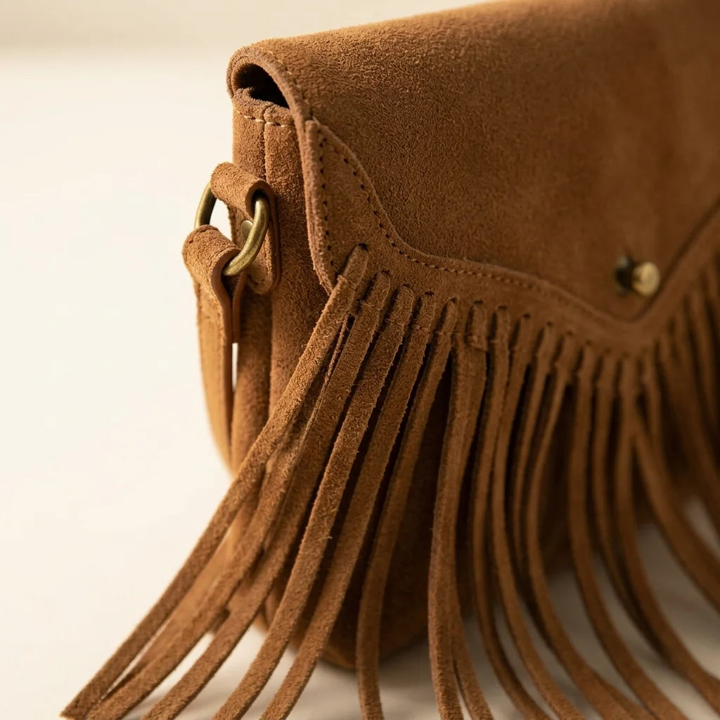 Close-up of fringe stitching and texture on Brown mini fringe crossbody bag
