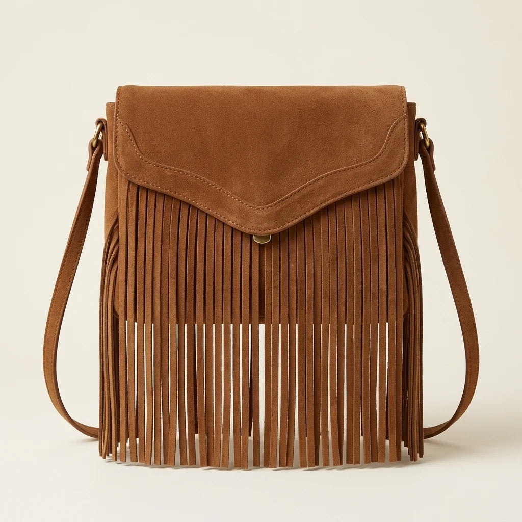 Brown mini fringe crossbody bag, front view