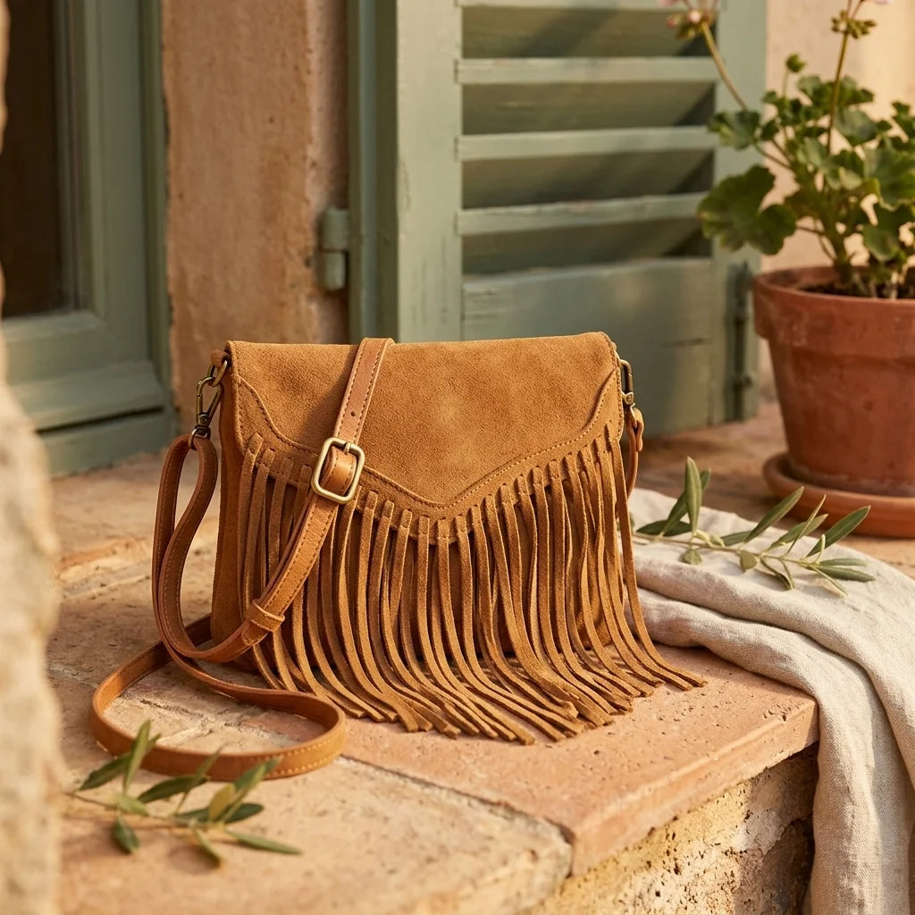 Brown mini fringe crossbody bag styled in a warm Mediterranean setting